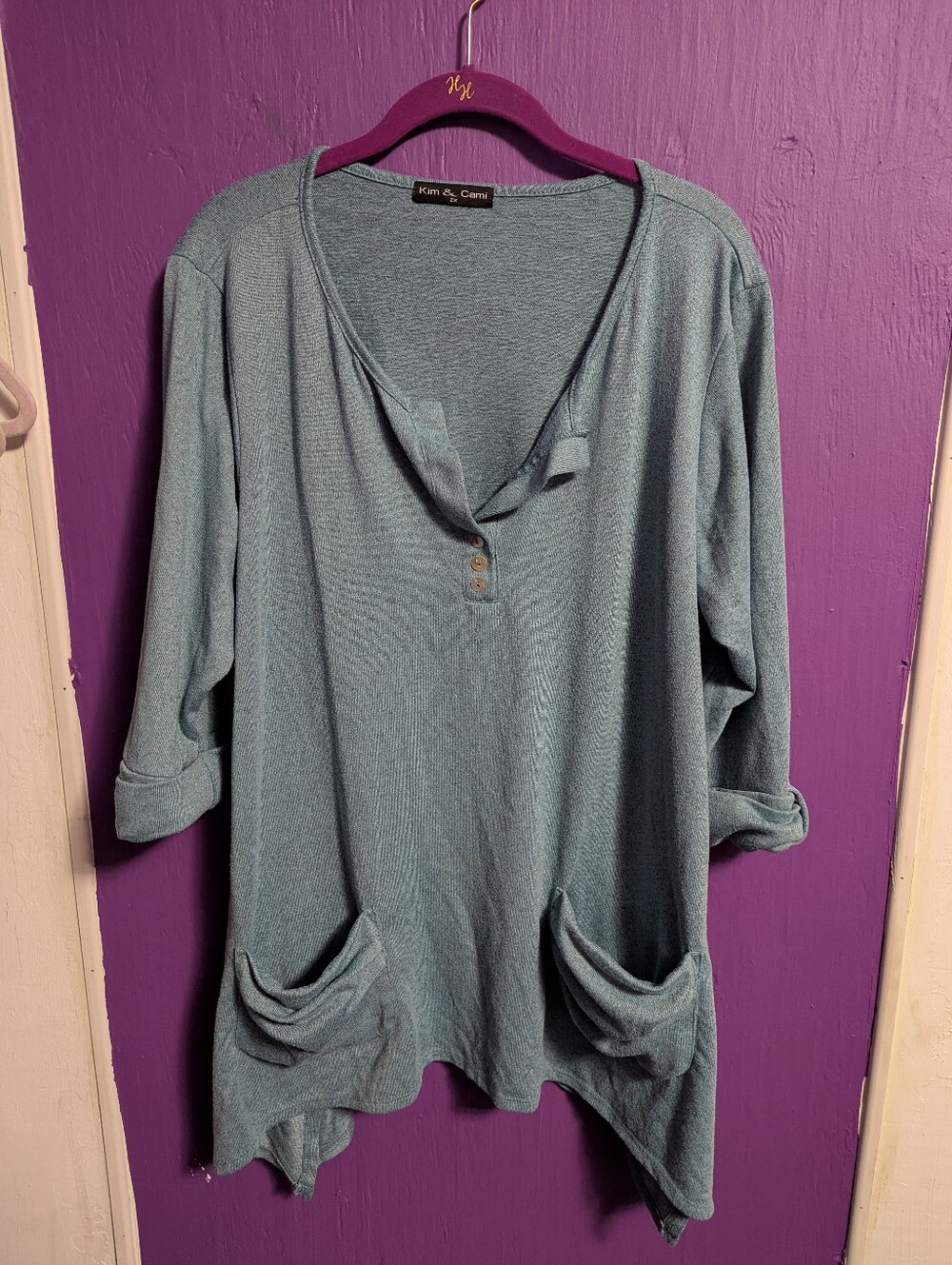 33. Kim & Cami Heathered Blue Plush Shark Hem 3/4 Sleeve Top 2X 18 20 Pockets